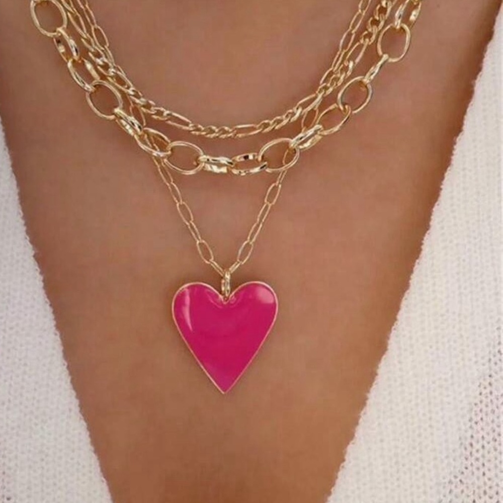 Pink heart gold layered necklace